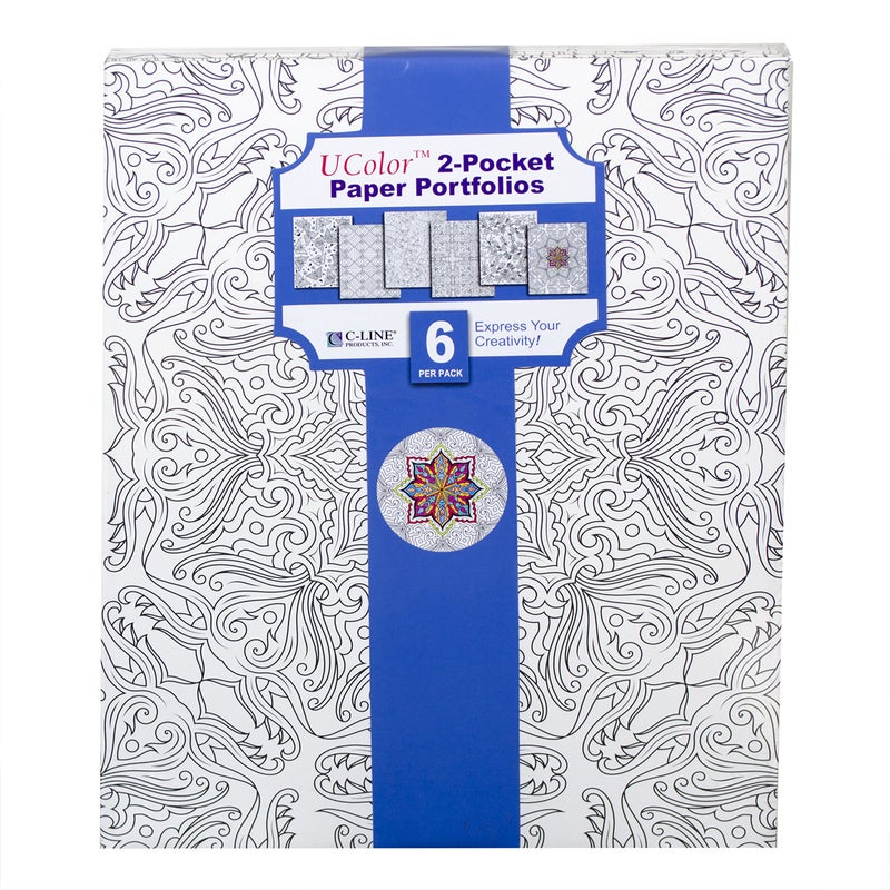 C-Line UColor Two Pocket Coloring Folders, Set of 6 Assorted Adult Patterns (15217) White - Image 3